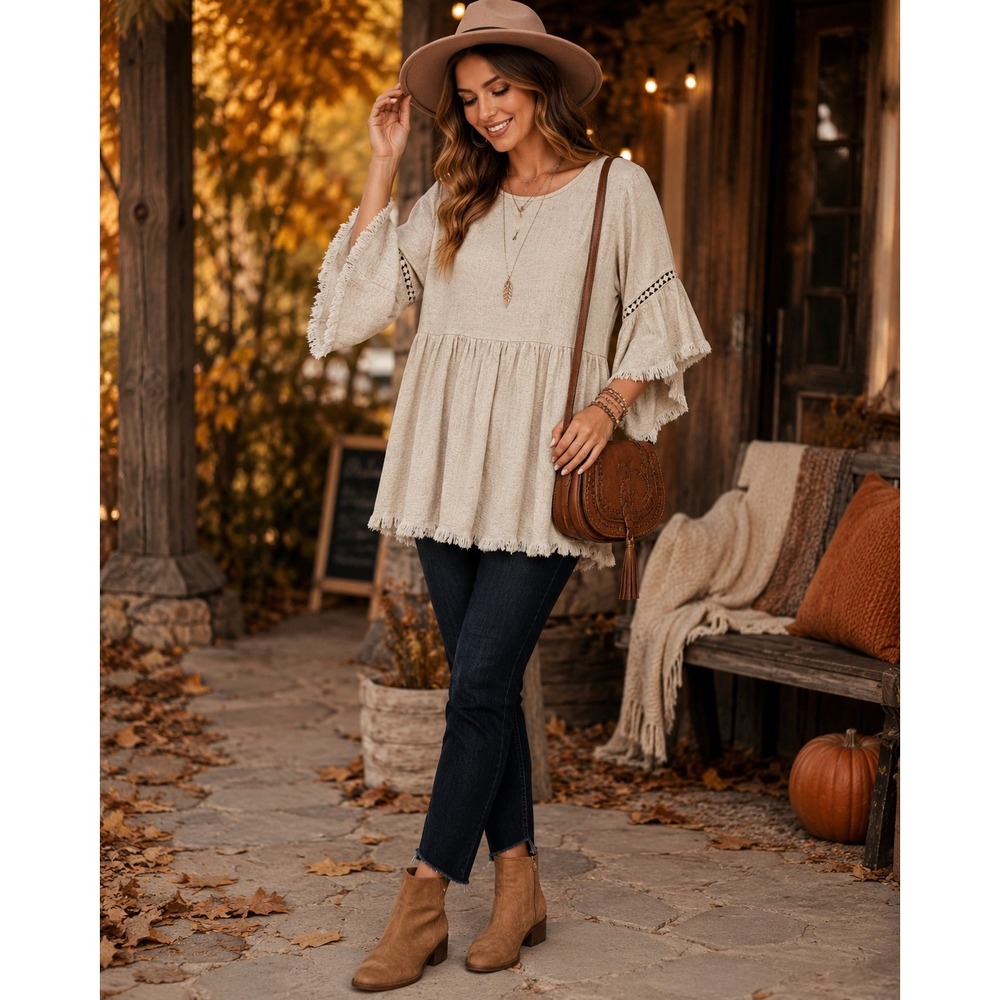 HyFve Tunic Top Women L Beige Excellent Boho Fringe Bell Sleeve Linen Blend